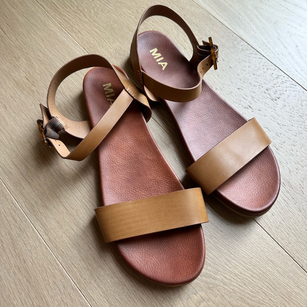 MIA Tan Brown Leather Ankle-Strap Sandals